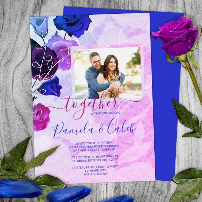 Berry Pink, Bright Royal Blue Rose Garden Wedding Folieneinladung (summer sangria royal blue pink purple berry wedding color palette invitations silver foil leaves)