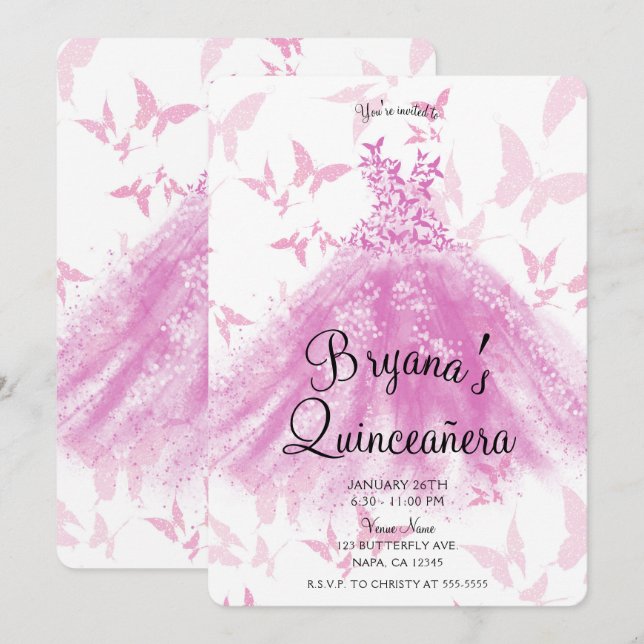 Berry Pink Butterfly Dance Dance Dance Quinceañera Einladung (Vorne/Hinten)