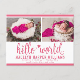 Berry Pink Hello World Foto Birth Stat Ankündigungspostkarte