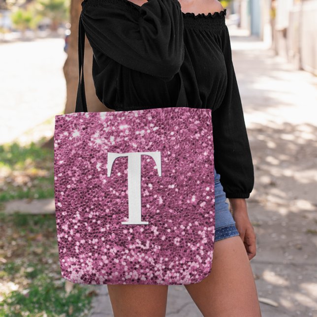 Berry Pink Imitats Glitzer Bokeh Glitzern Monogram Tasche (Berry Pink Faux Glitter Bokeh Sparkles Monogram Tote Bag)