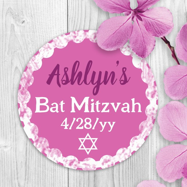 Berry Pink Personalisiert Bat Mitzvah Gastgeschenk Runder Aufkleber (pink violet, berry personalized bat mitzvah party favor sticker or invitation envelope seal, label)