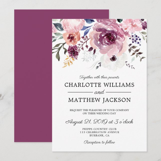 Berry Pink Roses Floral Wedding Einladung (Vorne/Hinten)