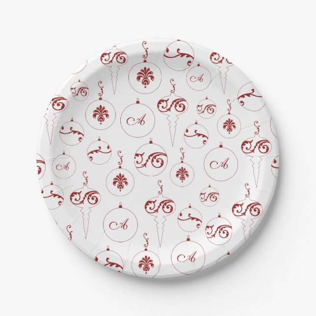 Berry Red Monogram Bauble Pattern Runde Weihnachte Pappteller (Vorderseite)