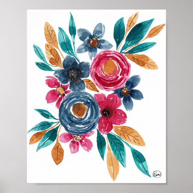 Berry Red Navy Mustard Watercolor Blume Art Poster (Vorne)