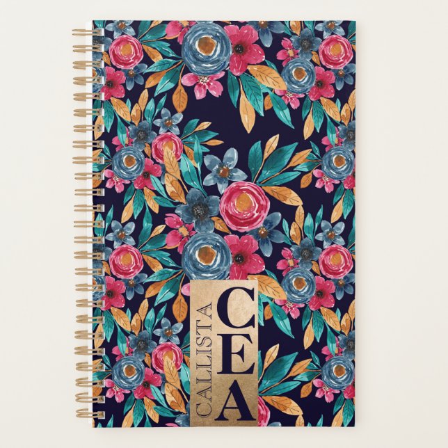 Berry Red Navy Mustard Watercolor Fleurs Monogramm (Devant)