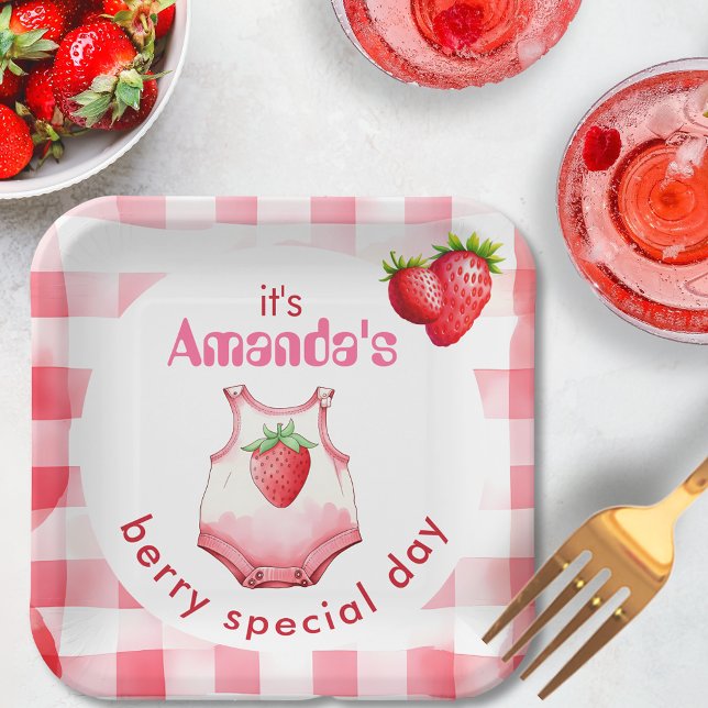 Berry Special Baby Shower Gingham Strawberry Party Pappteller (its mother-to-bes berry special baby shower party strawberry gingham pink red checked mom mum berry)