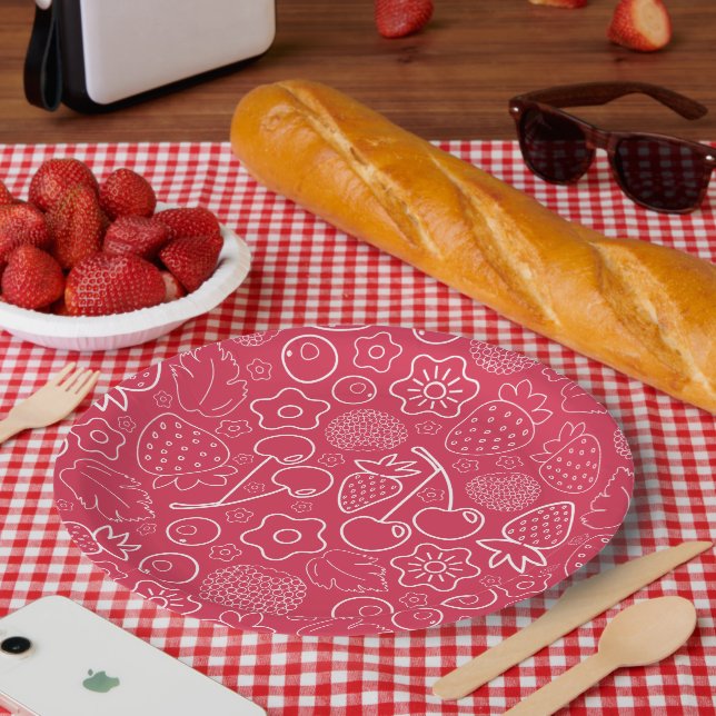 Berry Strawberry Cherry White Hand drawn Modern. Pappteller (Picknick)