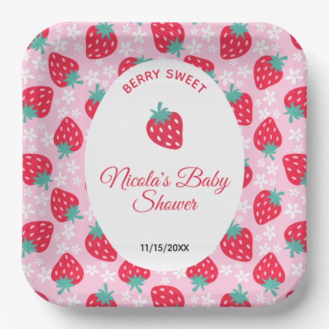 Berry süße rosa Erdbeerbaby-Party Pappteller (Vorderseite)