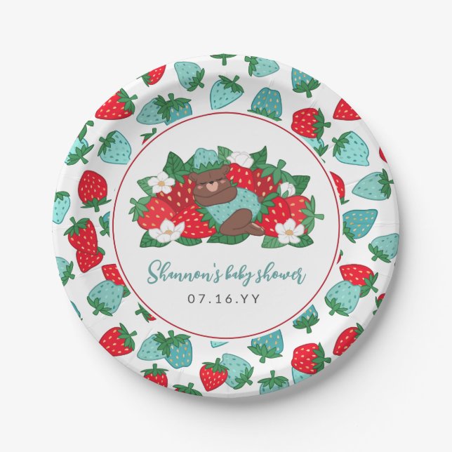 Berry Sweet Baby Blue Strawberry Boy Baby Dusche Pappteller (Vorderseite)