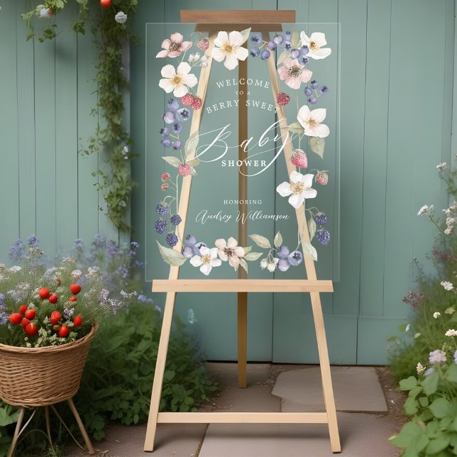 Berry Sweet Baby Showbücher & Blume Willkommen Acrylschild (Berry Sweet Baby Shower Berries & Flowers Welcome Acrylic Sign)
