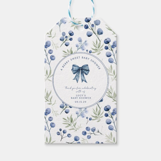 Berry Sweet Baby Shower Blueberry Bow Square Geschenkanhänger (Vorderseite)