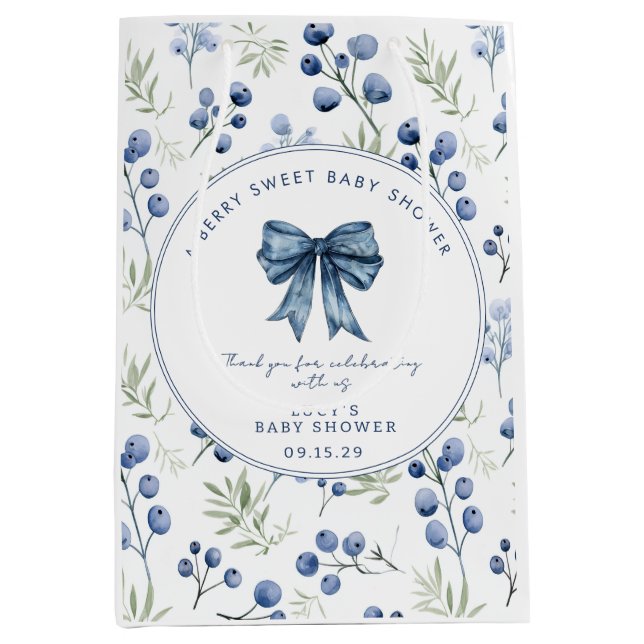 Berry Sweet Baby Shower Blueberry Bow Square Mittlere Geschenktüte (Vorderseite)