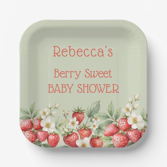 Berry Sweet Baby Shower Strawberries Blossom Pappteller (Vorderseite)