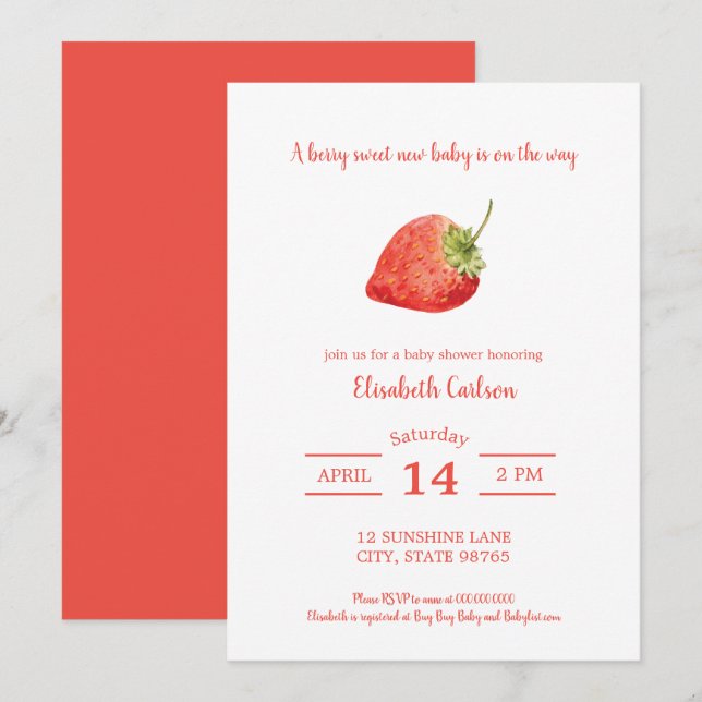 Berry Sweet Baby shower Strawberry Invitation (Devant / Derrière)