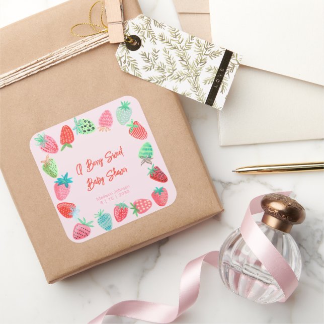 Berry Sweet Baby Shower Strawberry Quadratischer Aufkleber (Schenken)
