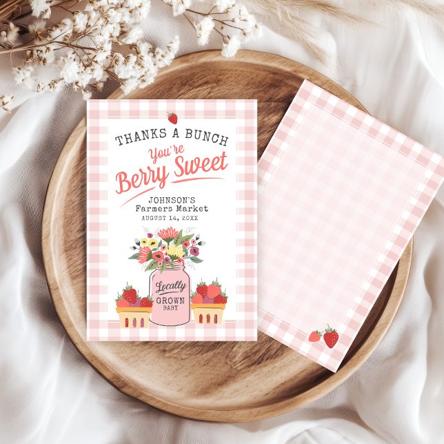 Berry Sweet Bauern Market Niedlich Baby Girl Dusch Dankeskarte (Pink gingham Farmers Market Locally Grown Mason Jar floral berry sweet baby shower thank you card)