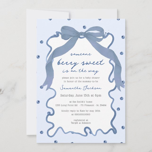 Berry Sweet Blueberry Bow Hand Drawn Baby Shower Einladung (Vorderseite)