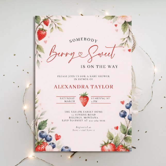 Berry Sweet Botanical Berries Pink Baby Shower Einladung (berry sweet baby shower invitation fruit theme strawberry berries botanical watercolor pink)