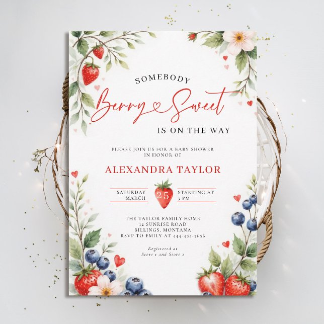 Berry Sweet Botanical Berries Script Baby Shower Einladung (berry sweet baby shower invitation fruit theme strawberry berries botanical watercolor spring summer)
