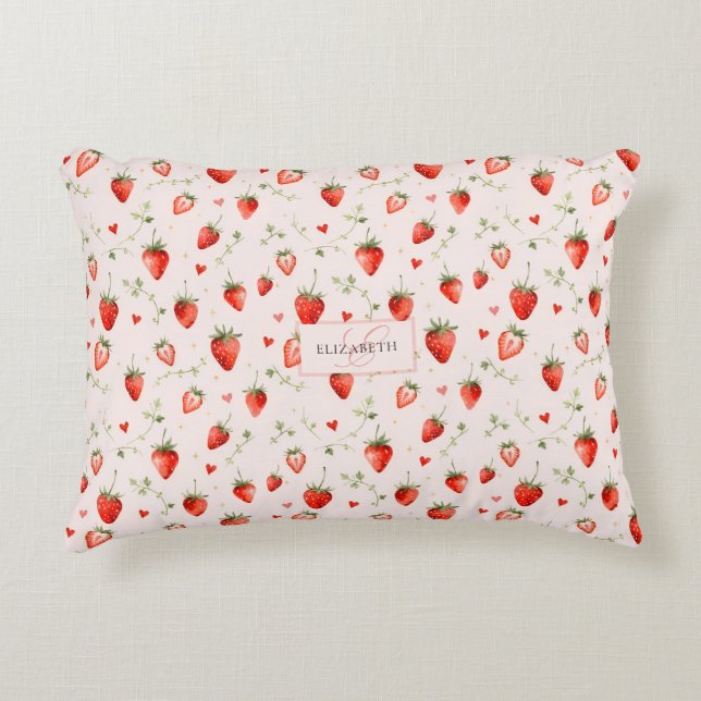 Berry Sweet Botanical Pink Hearts Monogramm Dekokissen (Vorderseite)