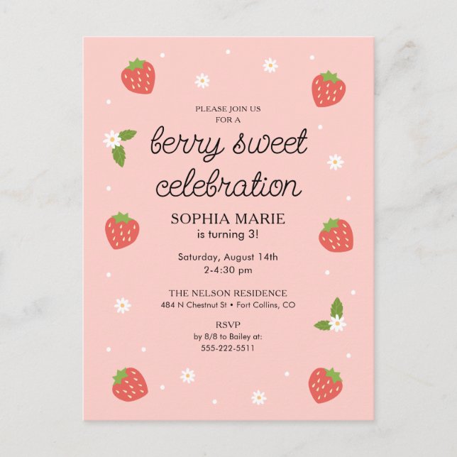 Berry Sweet Celebration Strawberry Birthday Party Postkarte (Vorderseite)