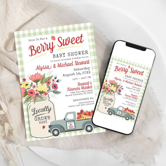 Berry Sweet Digital Bauern Market Baby Boy Dusche Einladung (Sage green gingham farmers market rustic mason jar floral strawberry Berry Sweet Baby Shower digital)