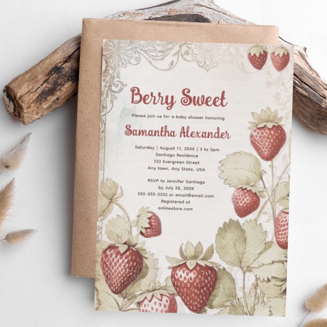 Berry Sweet Erdbeerbaby Dusche Einladung (Berry Sweet Strawberry baby shower invitation. Vintage antique strawberry design. Sweet strawberries)
