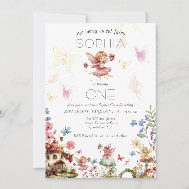 Berry Sweet Fairy Magic Strawberry Garden Geburtst Einladung (Vorderseite)