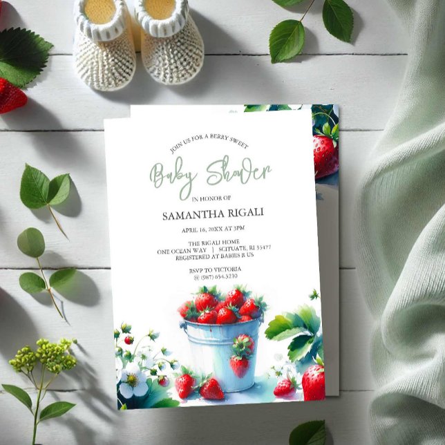 Berry Sweet Gender Neutral Baby Shower Einladung (Summer baby shower invitations front gender neutral watercolor strawberries Do Tell A Belle)