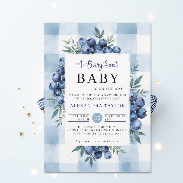 Berry Sweet Gingham Blueberries Baby Shower Einladung (berry sweet baby shower invitation boy blue blueberries rustic farmhouse chic watercolor gingham)
