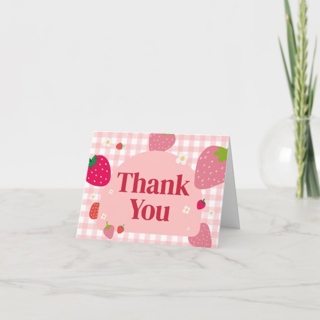 Berry Sweet Gingham Strawberry Baby Shower Dankeskarte (Vorderseite)