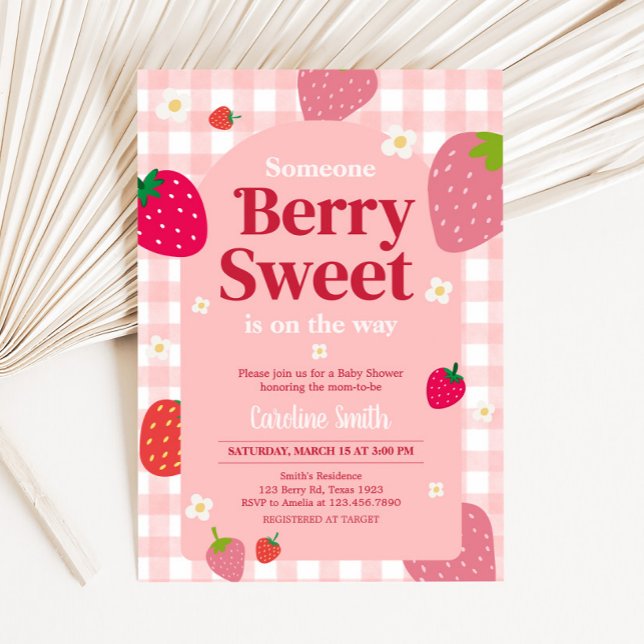 Berry Sweet Gingham Strawberry Baby Shower Einladung (Gingham Strawberry Berry Sweet Baby Shower Invitation
)