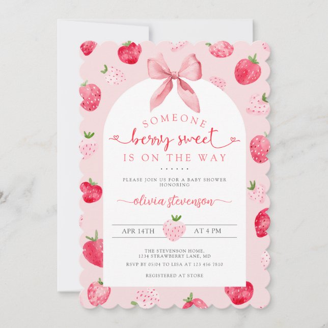 Berry Sweet Girl QR Code All in One Baby Shower Einladung (Vorderseite)