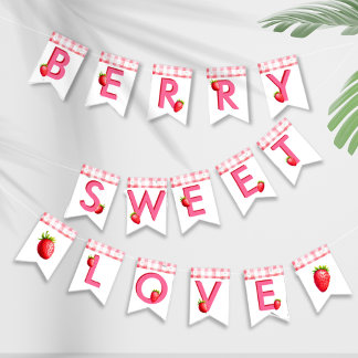 Berry Sweet Love Erdbeer Gingham Rosa Rot Bach Wimpelkette
