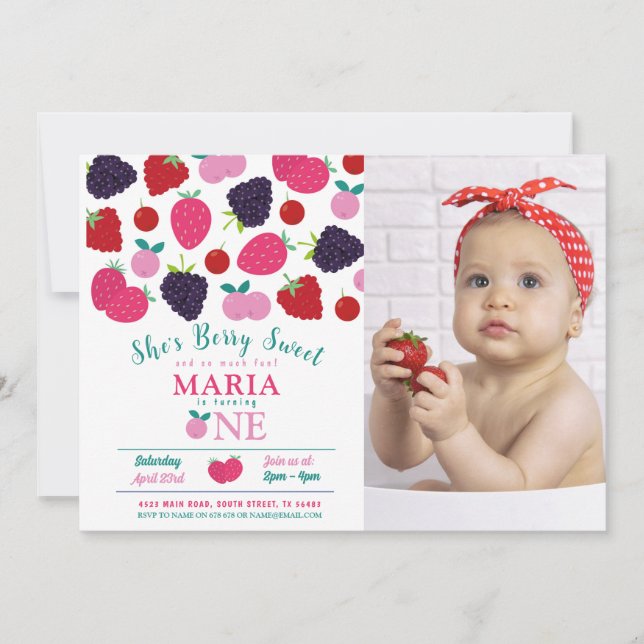 Berry Sweet One Birthday Girls Frucht Einladung (Vorderseite)