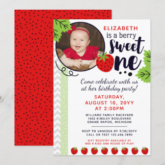 Berry Sweet ONE Strawberry Baby First Birthday Inv Einladung