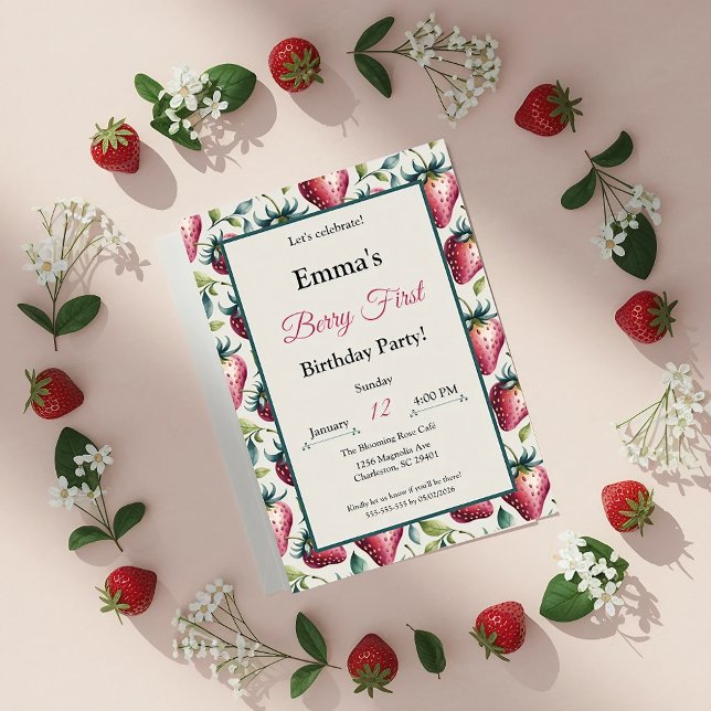 Berry Sweet Pastel Strawberry Green Rahmen Geburts Einladung (Von Creator hochgeladen)