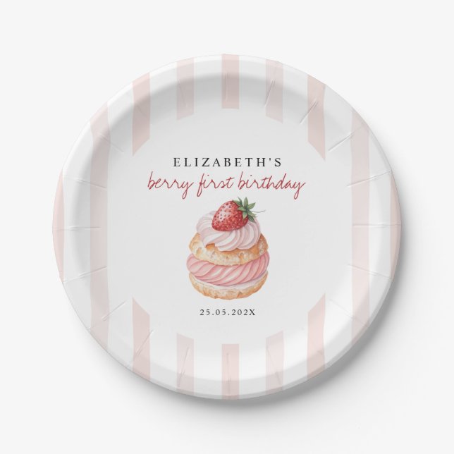 Berry Sweet Pink First Birthday  Pappteller (Vorderseite)