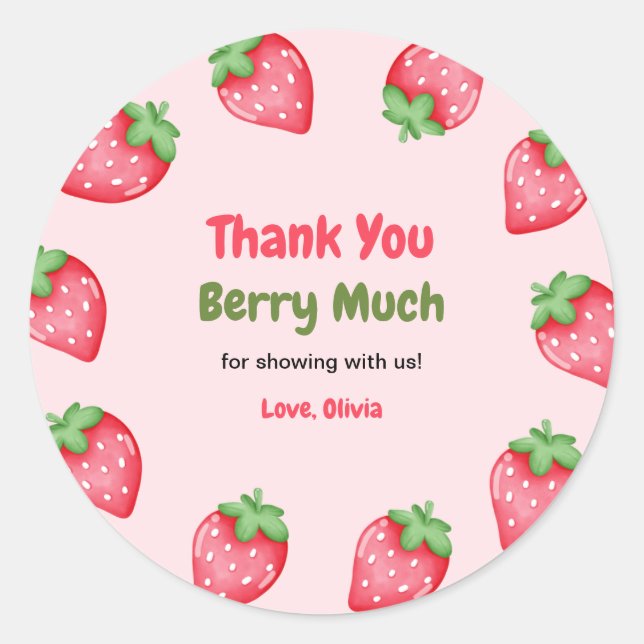 Berry Sweet Pink Strawberry Baby Dusche Vielen Dan Runder Aufkleber (Vorderseite)