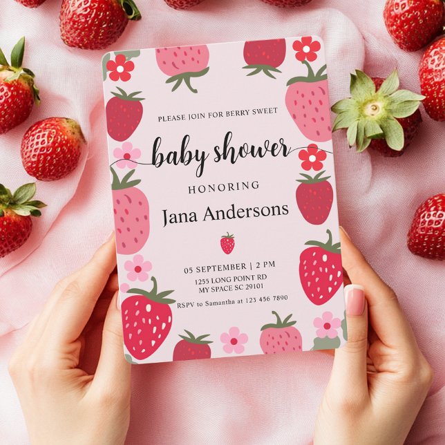 Berry Sweet Pink und Red Strawberry Baby Dusche Einladung (Von Creator hochgeladen)