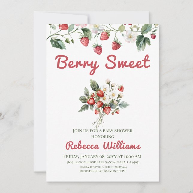 Berry Sweet Red Girl Strawberry Baby Shower Einladung (Vorderseite)