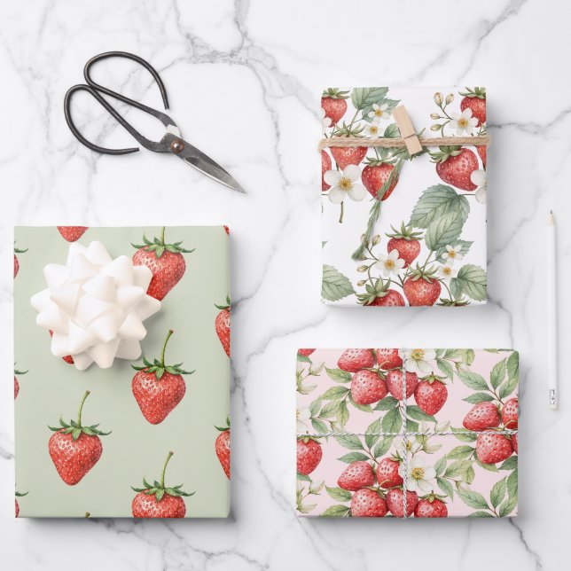 Berry Sweet Strawberries Blossom Geschenkpapier Set (Vorderseite)