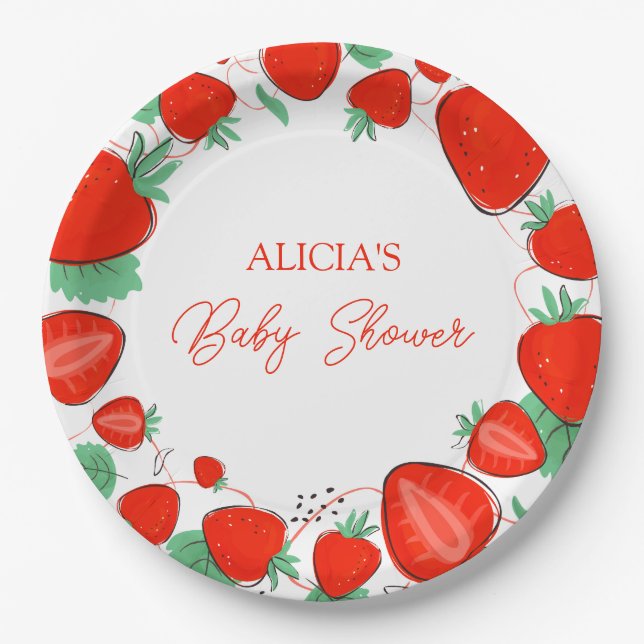 Berry Sweet Strawberries Girl Baby Dusche Pappteller (Vorderseite)