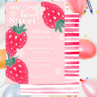 Berry Sweet Strawberry 1. Geburtstag Party Rosa Ro Einladung