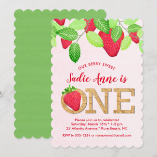 Berry Sweet Strawberry 1st Birthday Girl Red Green Einladung