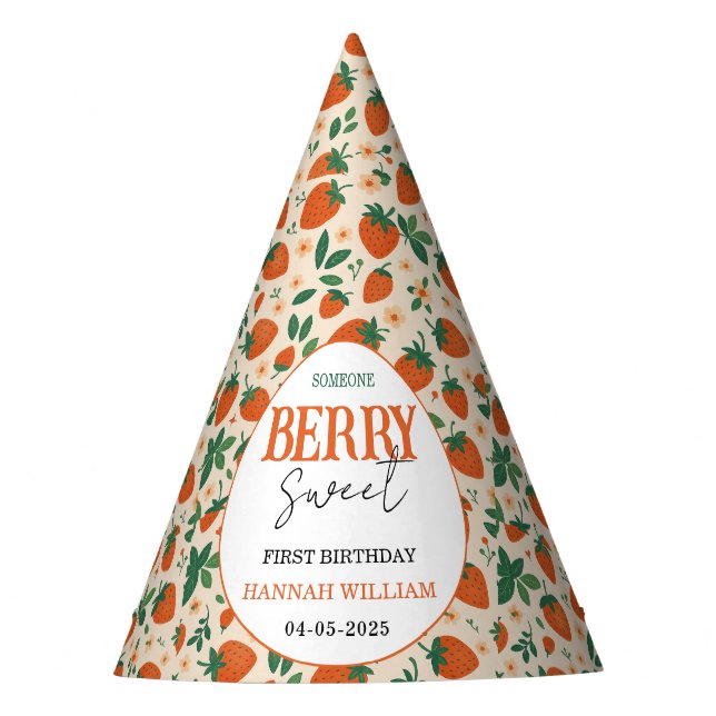 Berry Sweet Strawberry 1st Birthday Party Partyhütchen (Vorderseite)