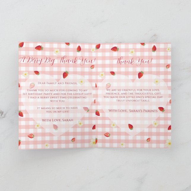 Berry Sweet Strawberry 1st Birthday Photo Folded V Dankeskarte (Innenseite)
