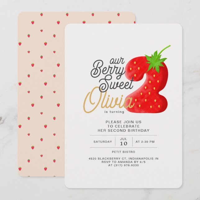 Berry Sweet Strawberry 2. Geburtstag Einladung (Vorne/Hinten)