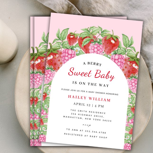 Berry Sweet Strawberry Arch Girl Babydusche Einladung (Berry Sweet Strawberry Arch Girl Baby Shower Invitation)