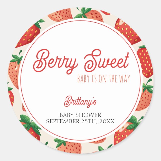 Berry Sweet Strawberry Checkered Baby Dusche Runder Aufkleber (Vorderseite)